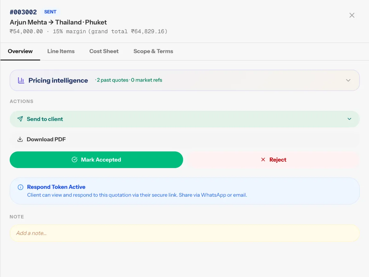 A sent NAMA quote with sample data: the margin under the client name and one-tap Mark Accepted and Reject buttons.