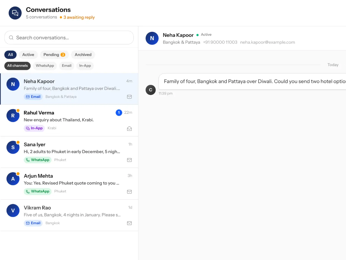 The NAMA inbox with sample data: email, web-form and WhatsApp enquiries in one list, with the newest email open.