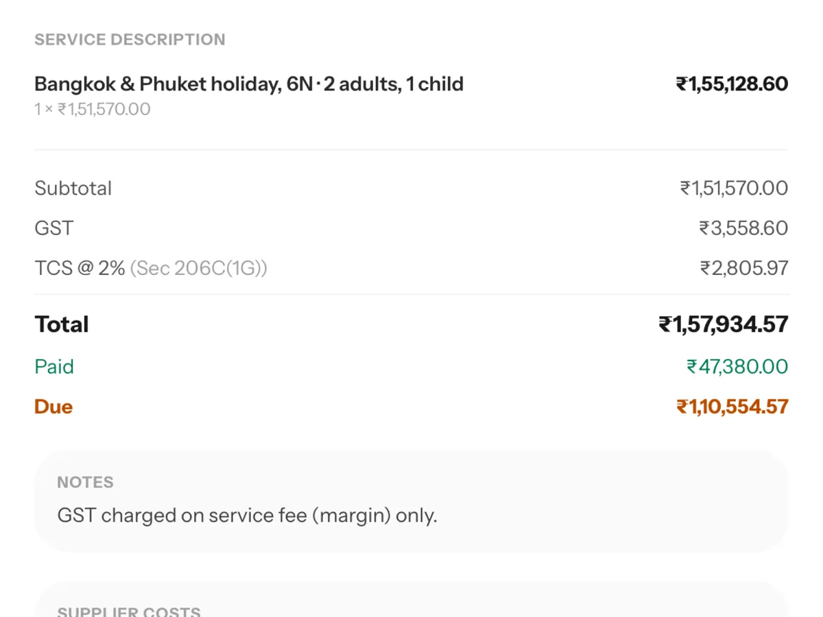 A NAMA invoice with sample data: subtotal, GST, TCS, total, the amount paid and the balance due.